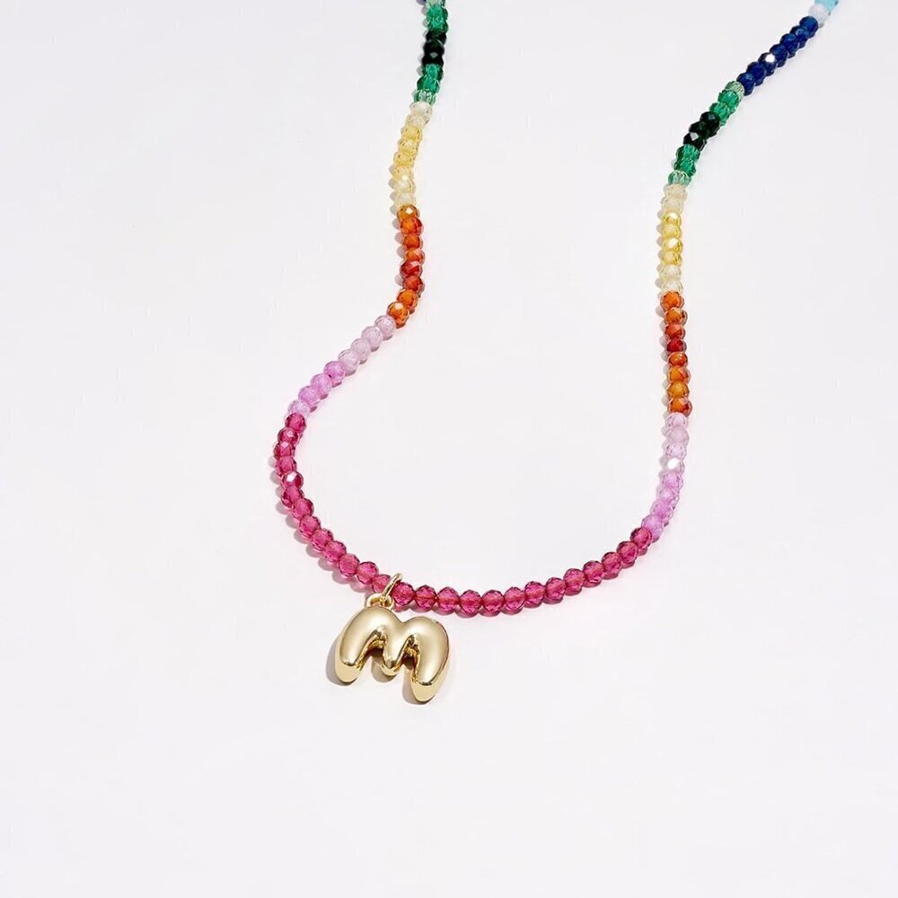 Beaded Initial Necklace Women Gold Plated Rainbow Gemstone Choker Summer Beach J - Picture 7 of 7